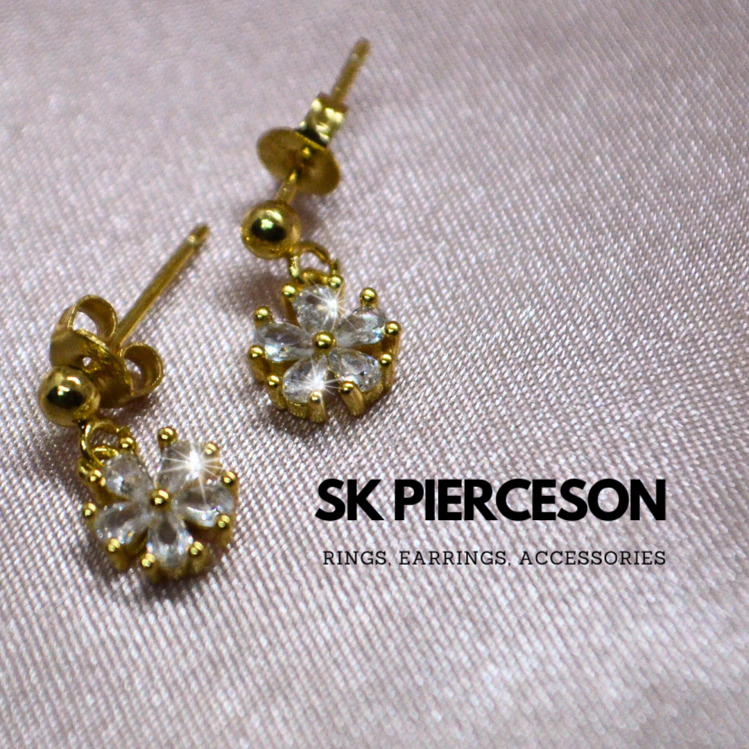 Bright Diamond Flower Gold Dangle Stud Earrings