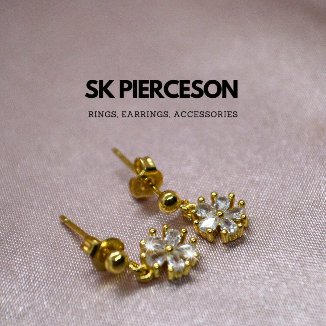 Bright Diamond Flower Gold Dangle Stud Earrings